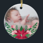 Poinsettia & Chalkboard | Baby's First Christmas Ceramic Tree Decoration<br><div class="desc">Pretty ornament to which you can add your own photo in honour of your baby's first Christmas. It's decorated with a colourful floral arrangement consisting of poinsettia,  roses,  and mistletoe.</div>