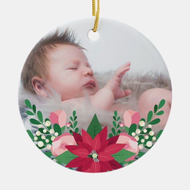 Poinsettia & Chalkboard | Baby's First Christmas Ceramic Tree Decoration (Front)
