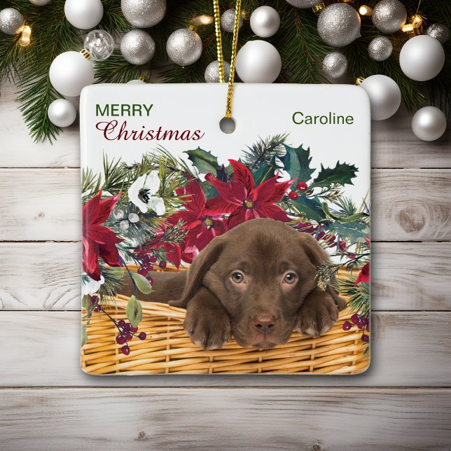 Poinsettia Chocolate Labrador Christmas Basket Ceramic Ornament (Creator Uploaded)