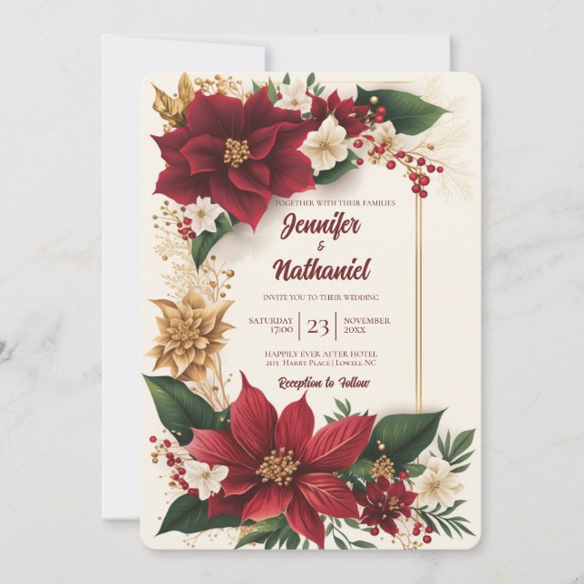 Poinsettia Christmas Burgundy Gold Floral Wedding Invitation (Front)