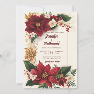 Poinsettia Christmas Burgundy Gold Floral Wedding Invitation
