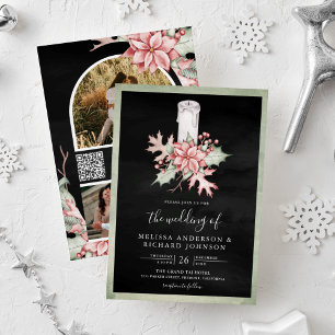 Poinsettia Christmas Candle QR Code Black Wedding Invitation