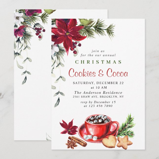 Poinsettia Christmas Cookies & Cocoa Holiday Party Invitation (Front/Back)