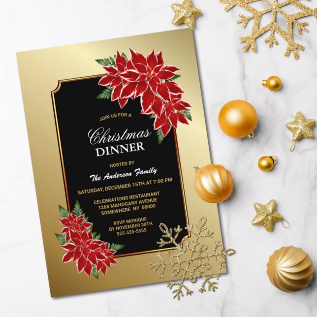 Poinsettia Christmas Dinner Gold Bordered Black Invitation (Creator Uploaded)