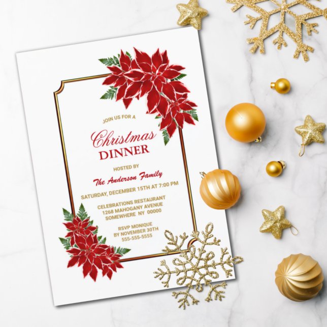 Poinsettia Christmas Dinner Gold Bordered Invitation (Creator Uploaded)