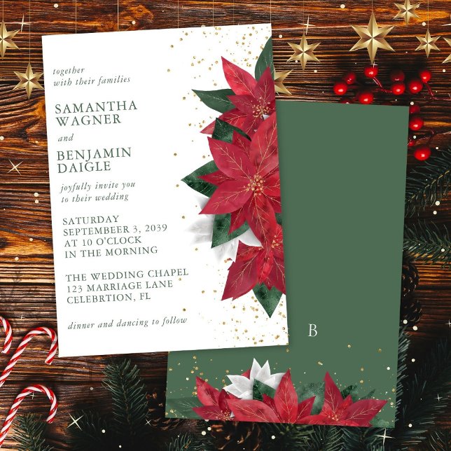 Poinsettia Christmas Floral Green Elegant Wedding Invitation (Creator Uploaded)