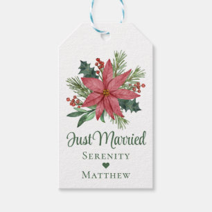 Poinsettia Christmas Floral Just Married Wedding Gift Tags