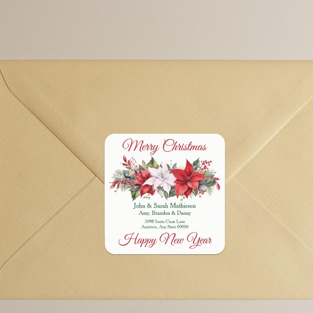 Poinsettia Christmas Flower Return Address Square Sticker (Creator Uploaded)
