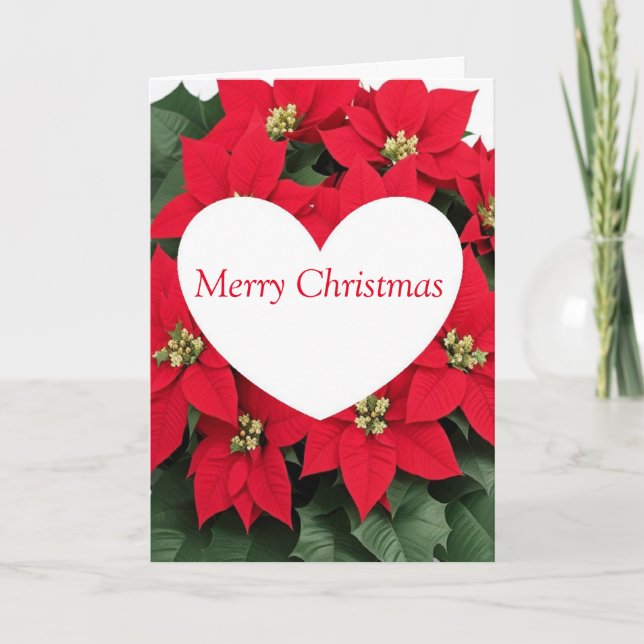 Poinsettia Christmas Flowers with Heart Holiday Card (Front)