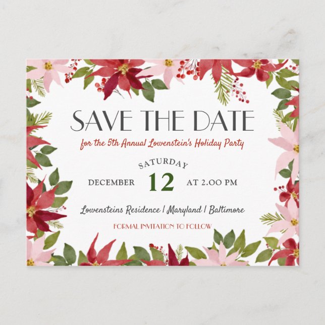 Poinsettia Christmas Holiday Party Save The Date Announcement Postcard (Front)