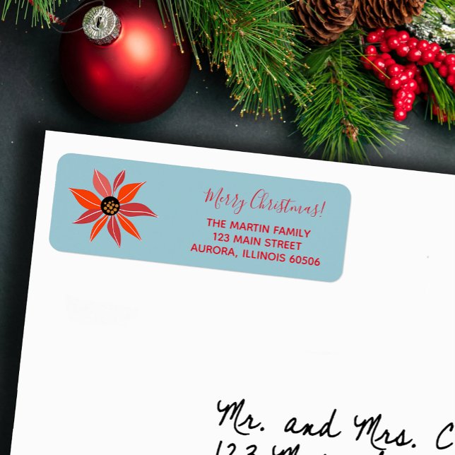 Poinsettia Christmas Holiday Return Address (Red poinsettia Christmas holiday return address labels)