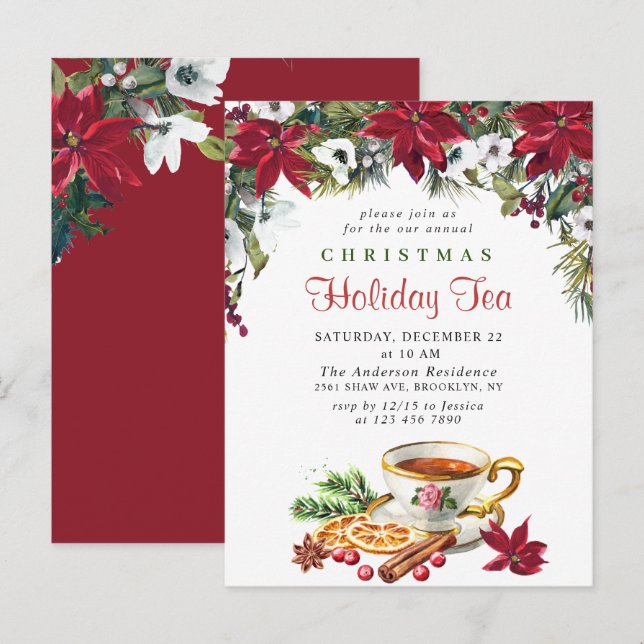 Poinsettia Christmas Holiday Tea Invitation Card (Front/Back)