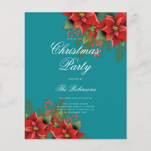 Poinsettia Christmas Invite Program Menu Teal  (Front)