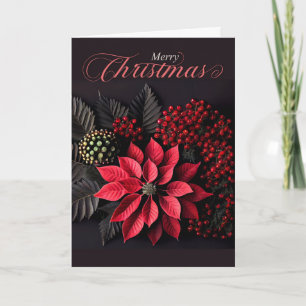 Poinsettia Christmas on Blackh Bold Red Berries Holiday Card