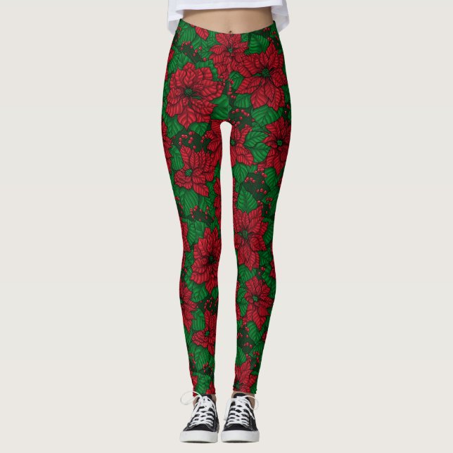 Poinsettia, Christmas pattern Leggings (Front)