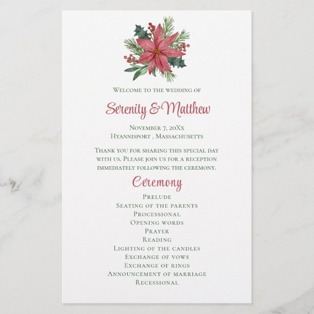 Poinsettia Christmas Red Floral Wedding Program (Front)