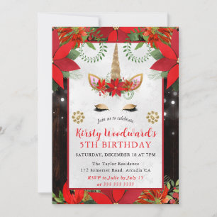 Poinsettia Christmas Unicorn Birthday Invitation