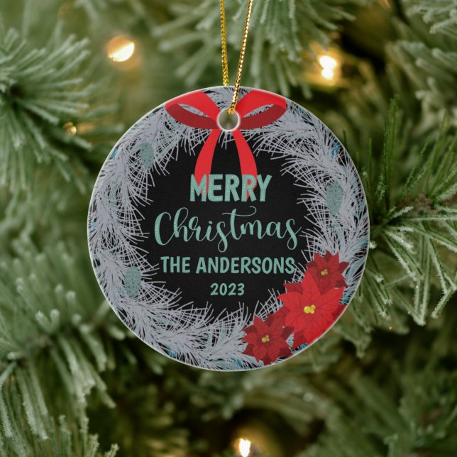 Poinsettia Christmas Wreath Family Name and Year Ceramic Tree Decoration (Tree)
