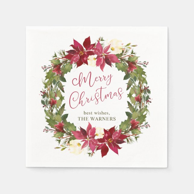 Poinsettia Christmas Wreath Personalised Napkin (Front)