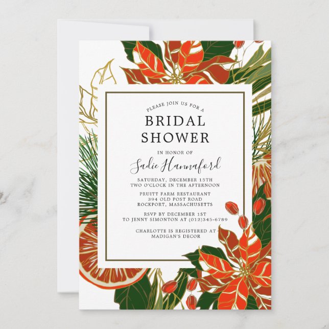 Poinsettia Citrus Gold Winter Bridal Shower Invitation (Front)
