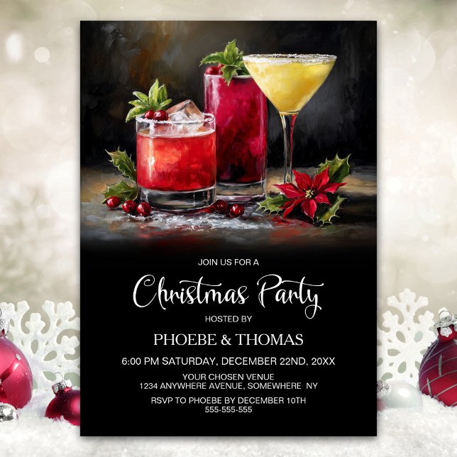 Poinsettia Cocktails Christmas Party Invitation (Creator Uploaded)