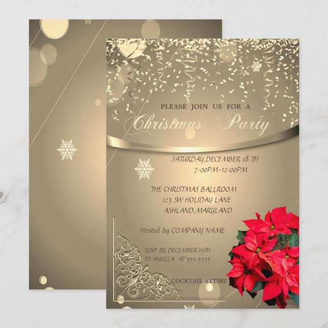 Poinsettia,Confetti Company Christmas Party Invitation (Front/Back)