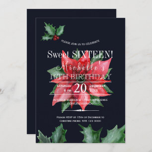 Poinsettia dark blue red green sweet sixteen invitation