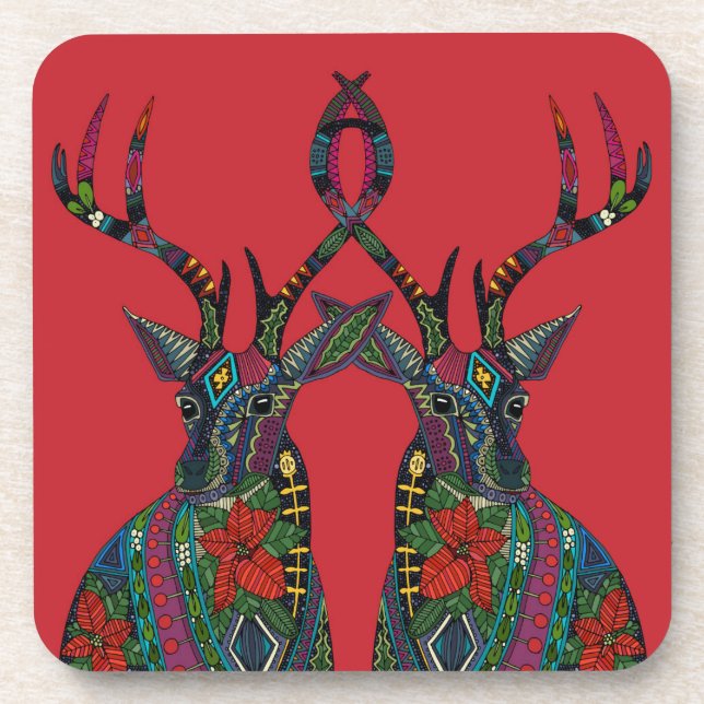 poinsettia deer red coaster (Front)