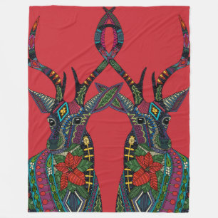 poinsettia deer red fleece blanket