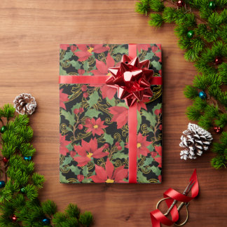 Poinsettia elegance on black wrapping paper