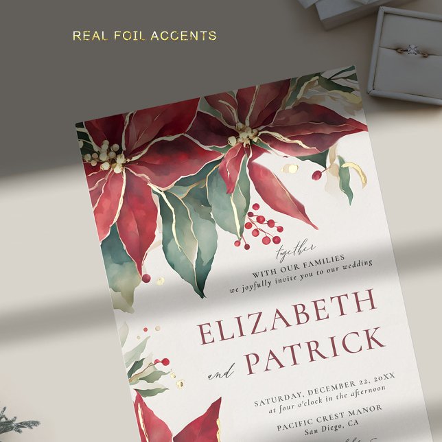 Poinsettia Elegant Christmas Winter Gold Wedding (winter wedding invitation modern christmas watercolor poinsettia elegant rustic bohemian gold foil)