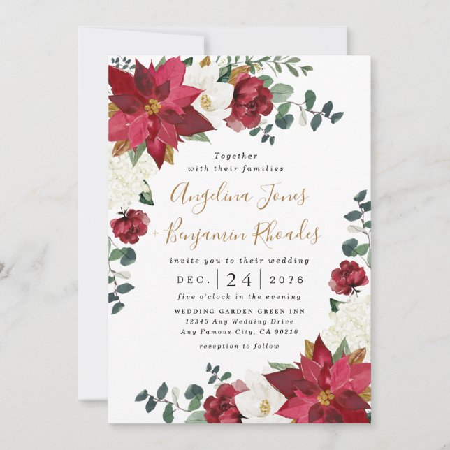 Poinsettia Elegant Red Gold White Floral Wedding Invitation (Front)