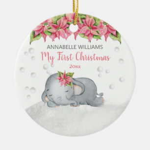Poinsettia Elephant Baby's 1st First Christmas Ceramic Tree Decoration