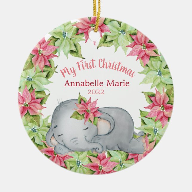 Poinsettia Elephant Baby's 1st First Christmas Ceramic Tree Decoration (Front)