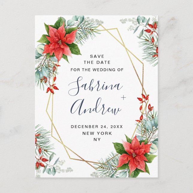 Poinsettia Eucalyptus Pine  Wedding Save the Date Announcement Postcard (Front)