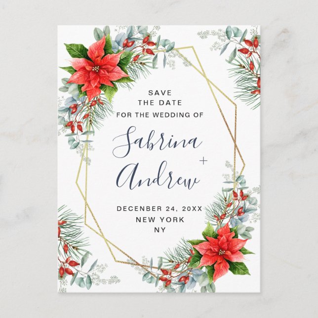 Poinsettia Eucalyptus Pine  Wedding Save the Date  Announcement Postcard (Front)