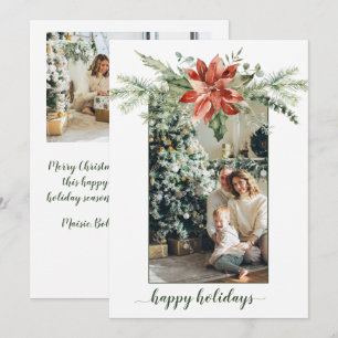 Poinsettia Evergreen GreenBorder Christmas 2 Photo Invitation