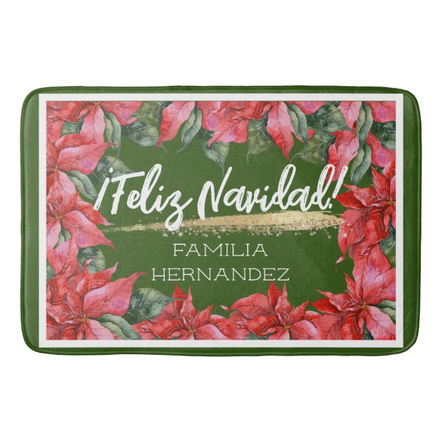 Poinsettia Feliz Navidad Holiday Family Name Bath Mat (Front)