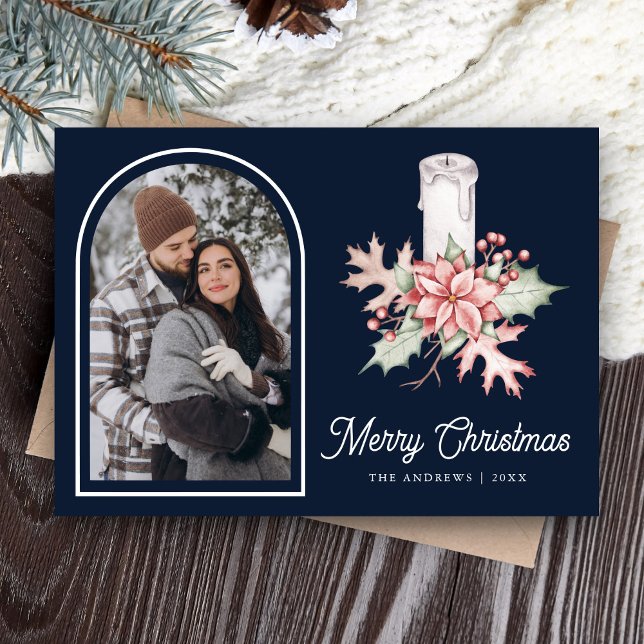 Poinsettia Festive Candle Photo Navy Christmas Holiday Card (Creator Uploaded)