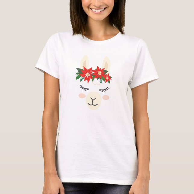 Poinsettia Festive Christmas Llama | Holidays T-Shirt (Front)