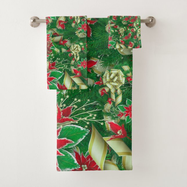 Poinsettia Fir Leaves Ribbons Floral Christmas | Bath Towel Set (Insitu)