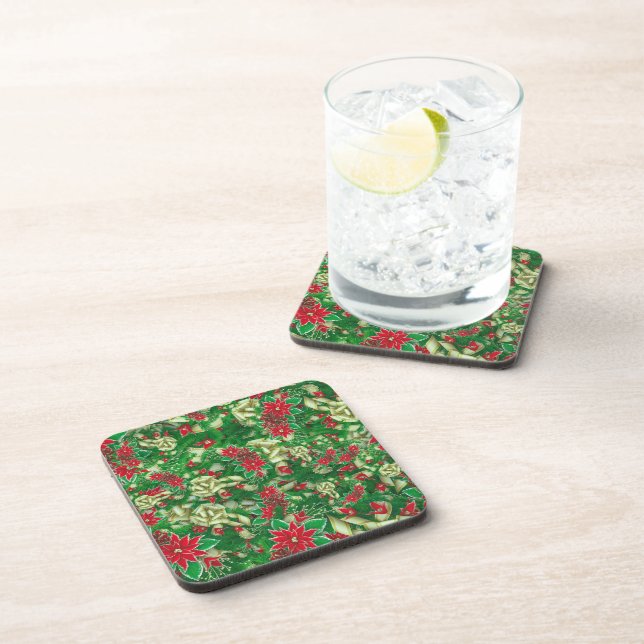Poinsettia Fir Leaves Ribbons Floral Christmas | Coaster (Right Side)