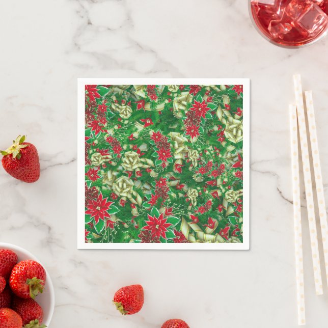 Poinsettia Fir Leaves Ribbons Floral Christmas | Napkin (Insitu)
