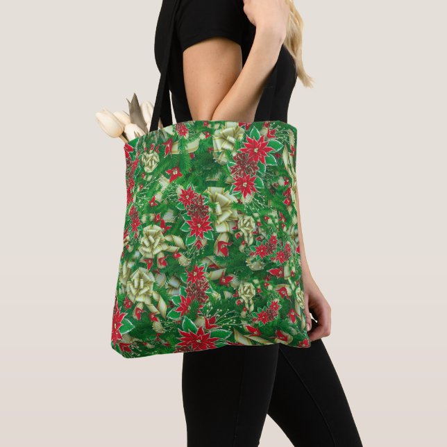 Poinsettia Fir Leaves Ribbons Floral Christmas | Tote Bag (Close Up)