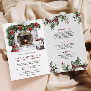 Poinsettia Fireplace Christmas QR Code Wedding Invitation