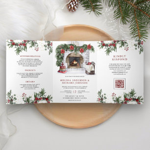 Poinsettia Fireplace Christmas QR Code Wedding Tri-Fold Invitation
