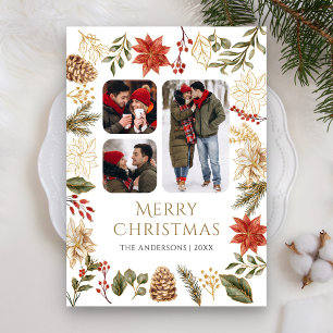 Poinsettia Floral 3 Photo Collage Christmas Holiday Card