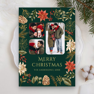 Poinsettia Floral 3 Photo Collage Green Christmas Holiday Card