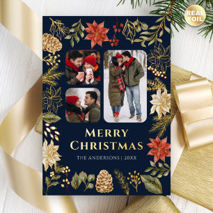 Poinsettia Floral 3 Photo Navy Blue Christmas Gold