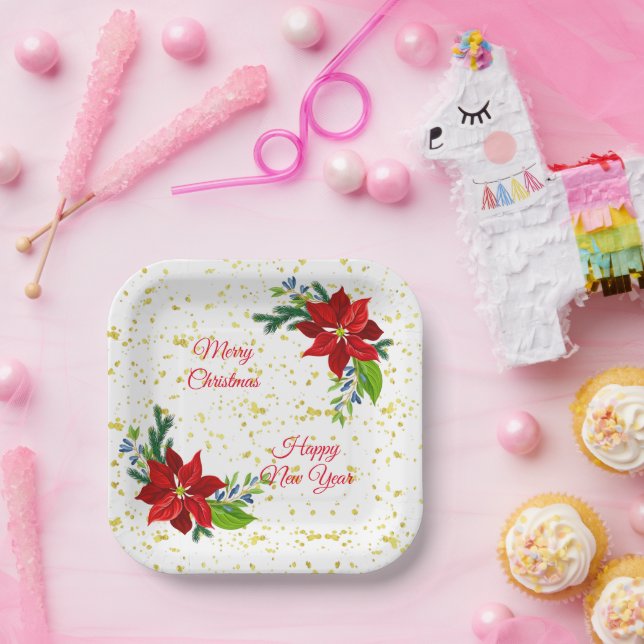 Poinsettia Floral Bouquet, Merry Christmas  Paper Plate (Party)